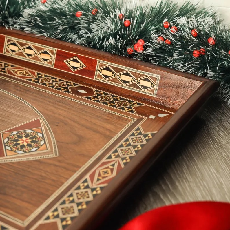 Handmade Wooden Tray, Rectangle Carved Tray Inlaid with pearl, Geometric Marquetry Tray, Mosaic Tray, Decorative Serving Tray