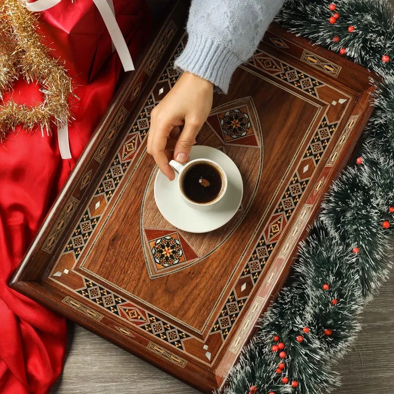 Handmade Wooden Tray, Rectangle Carved Tray Inlaid with pearl, Geometric Marquetry Tray, Mosaic Tray, Decorative Serving Tray