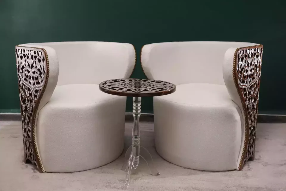 Diamond set of chairs with a hand-carved table inlaid with natural mother-of-pearl