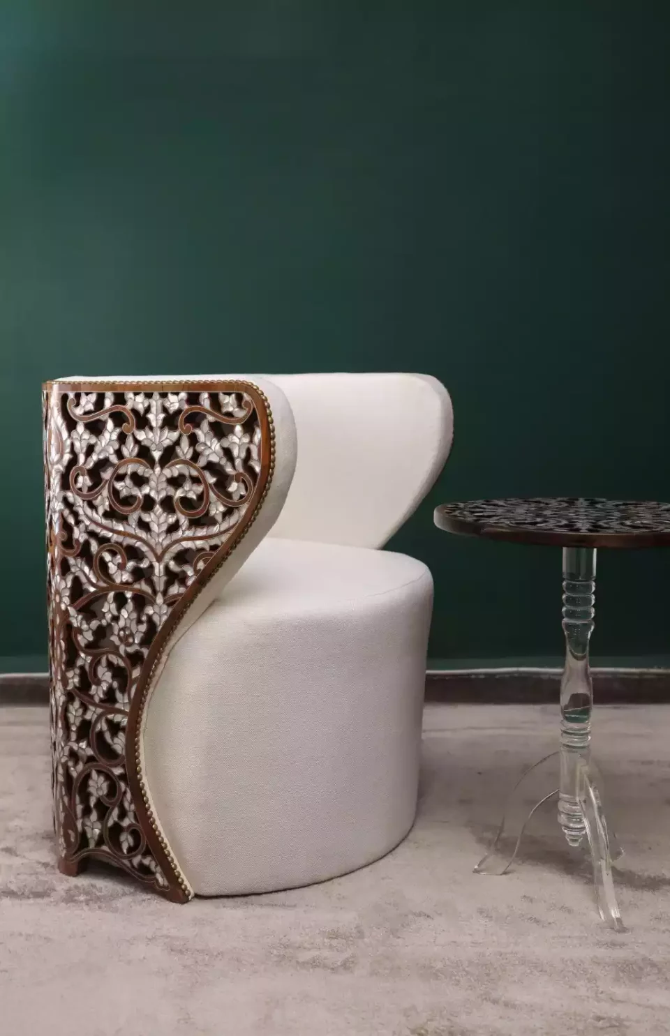 Diamond set of chairs with a hand-carved table inlaid with natural mother-of-pearl