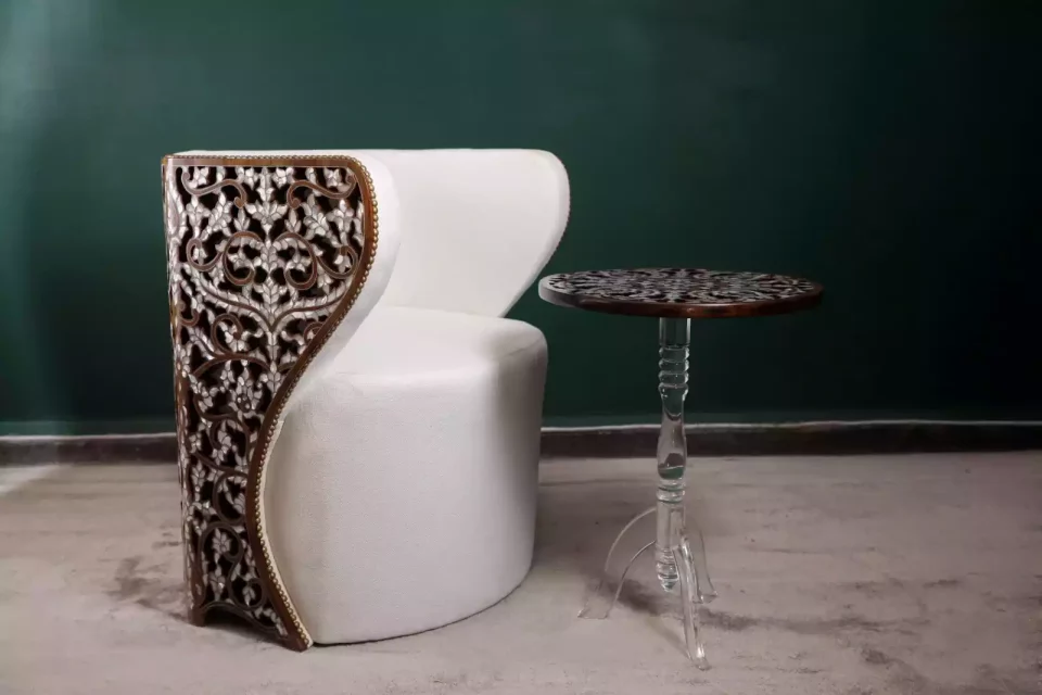 Diamond set of chairs with a hand-carved table inlaid with natural mother-of-pearl