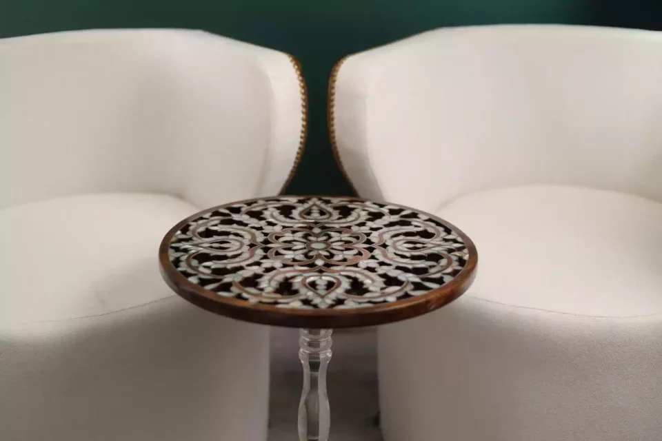 Diamond set of chairs with a hand-carved table inlaid with natural mother-of-pearl