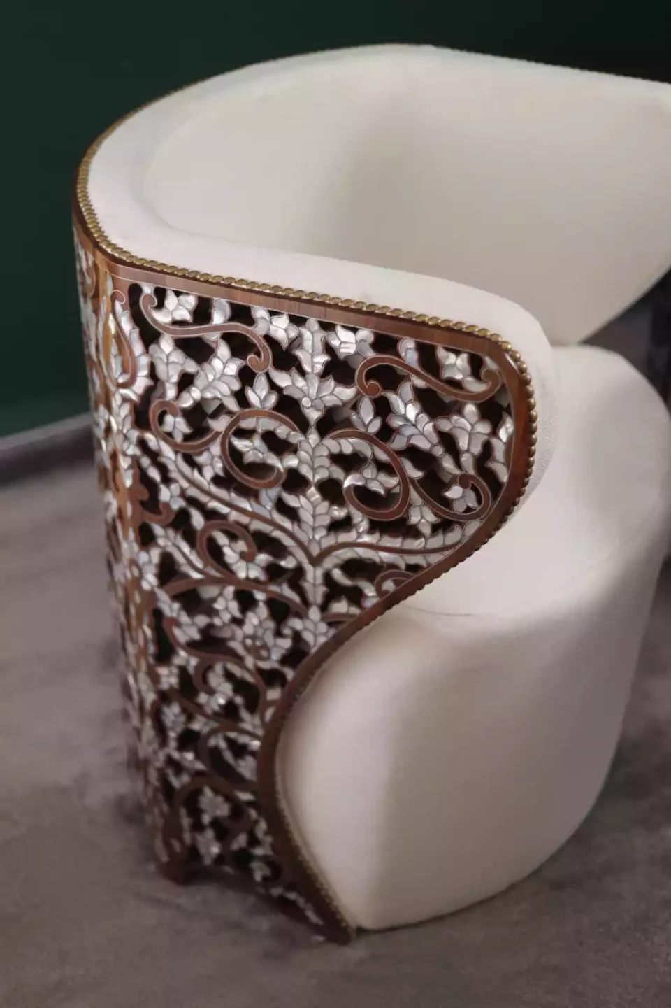 Diamond set of chairs with a hand-carved table inlaid with natural mother-of-pearl