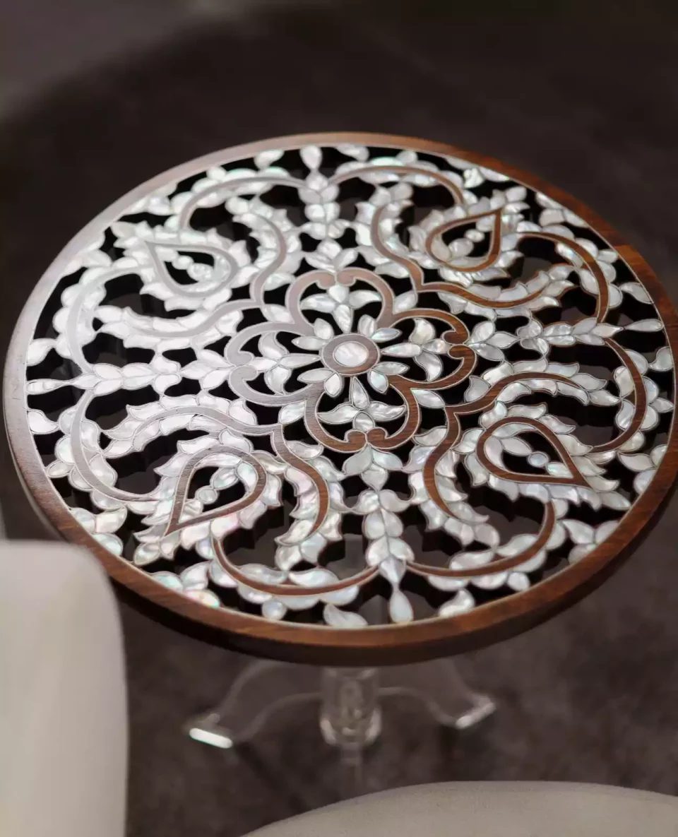 Diamond set of chairs with a hand-carved table inlaid with natural mother-of-pearl