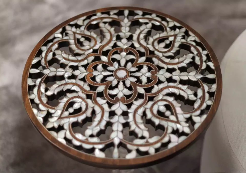 Diamond set of chairs with a hand-carved table inlaid with natural mother-of-pearl