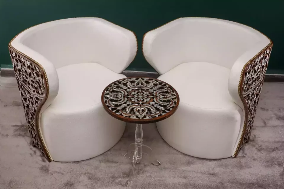 Diamond set of chairs with a hand-carved table inlaid with natural mother-of-pearl