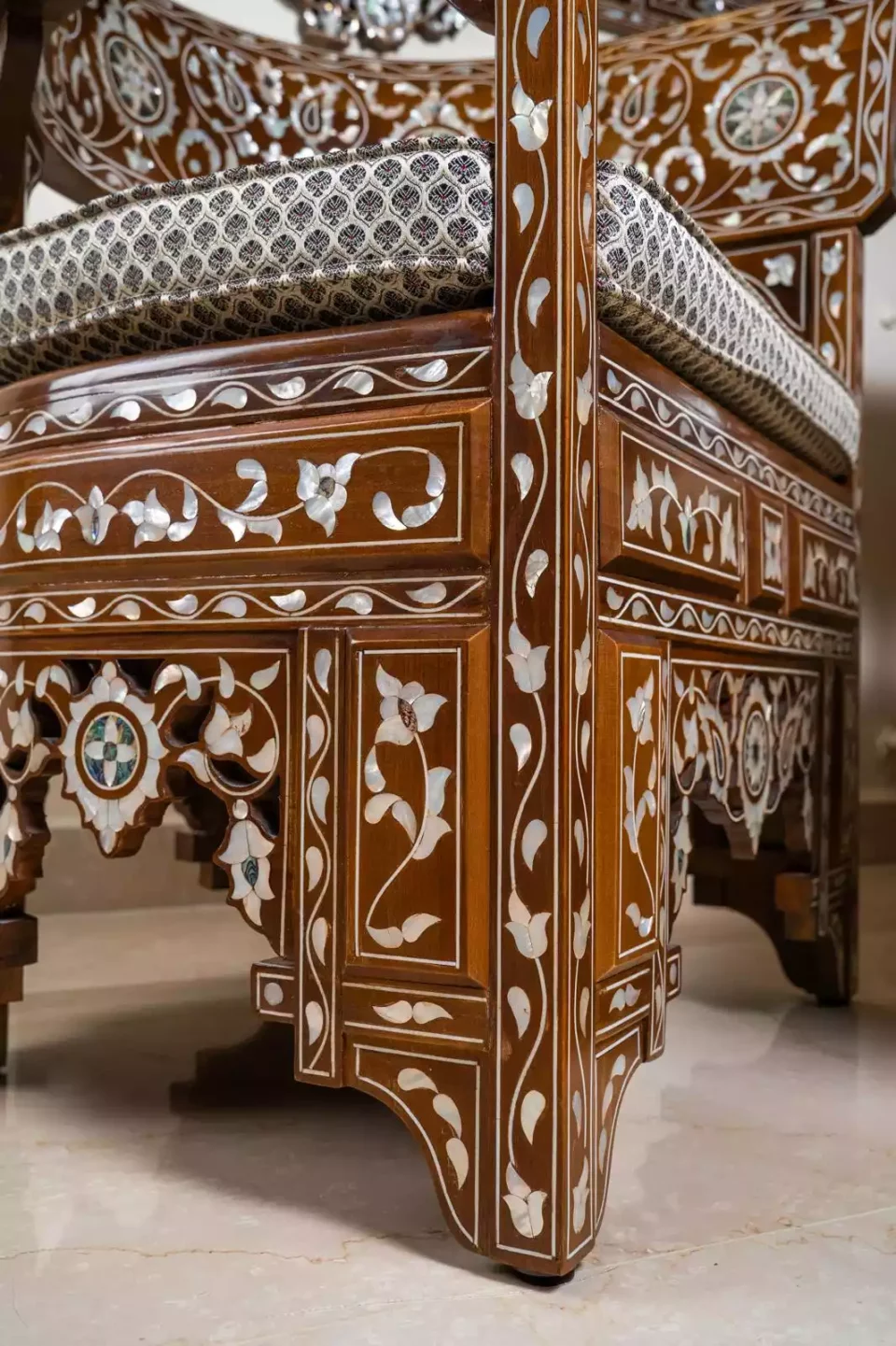 Damascus corner set with two chairs, a table and mirror inlaid with mother-of-pearl