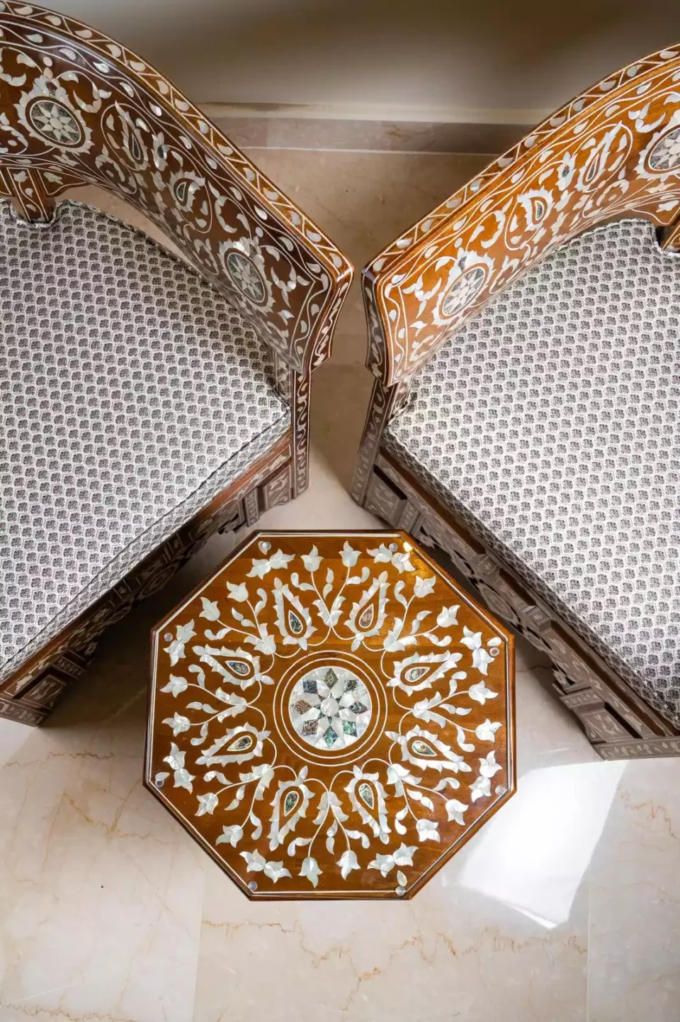 Damascus corner set with two chairs, a table and mirror inlaid with mother-of-pearl