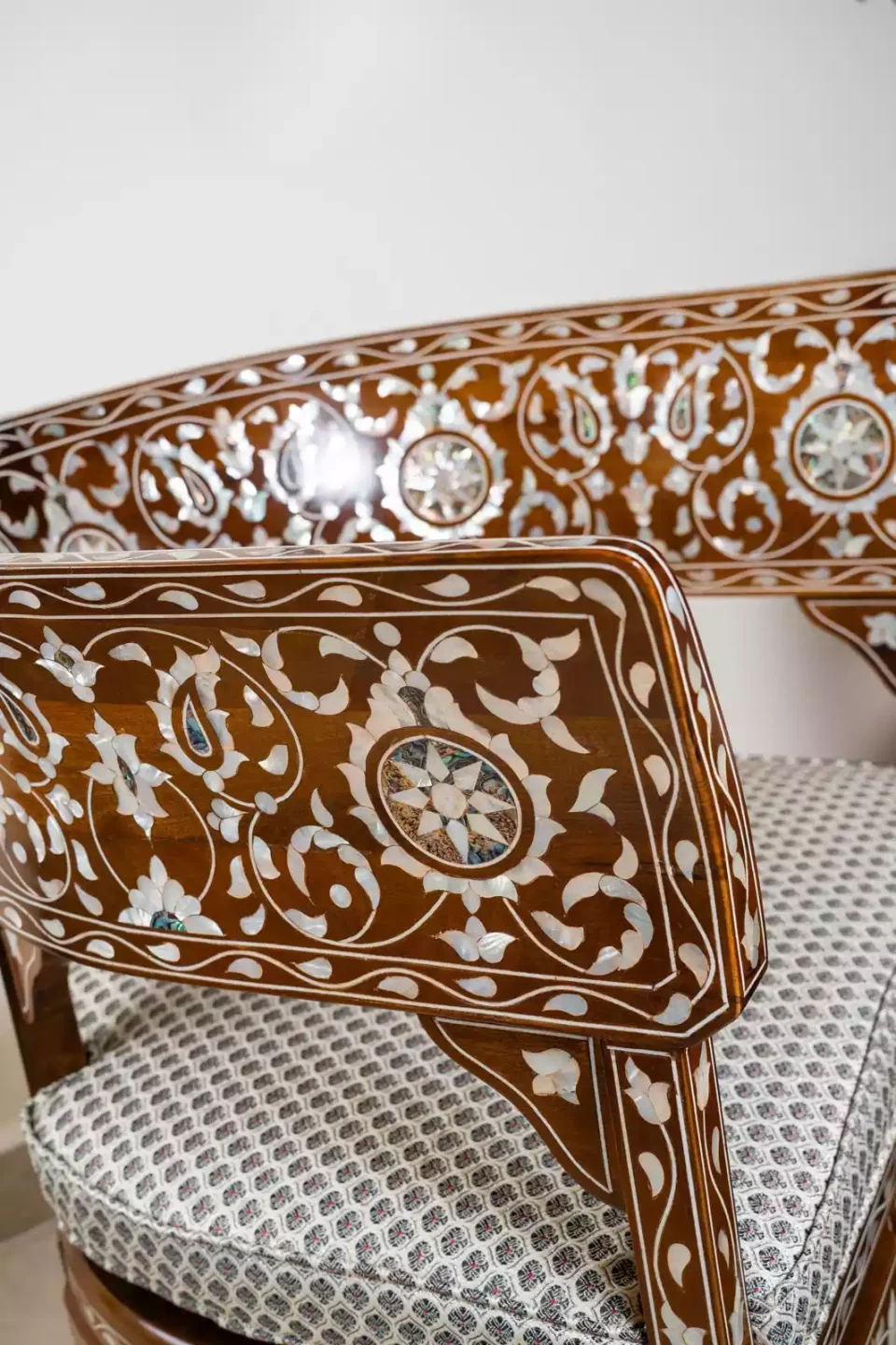 Damascus corner set with two chairs, a table and mirror inlaid with mother-of-pearl