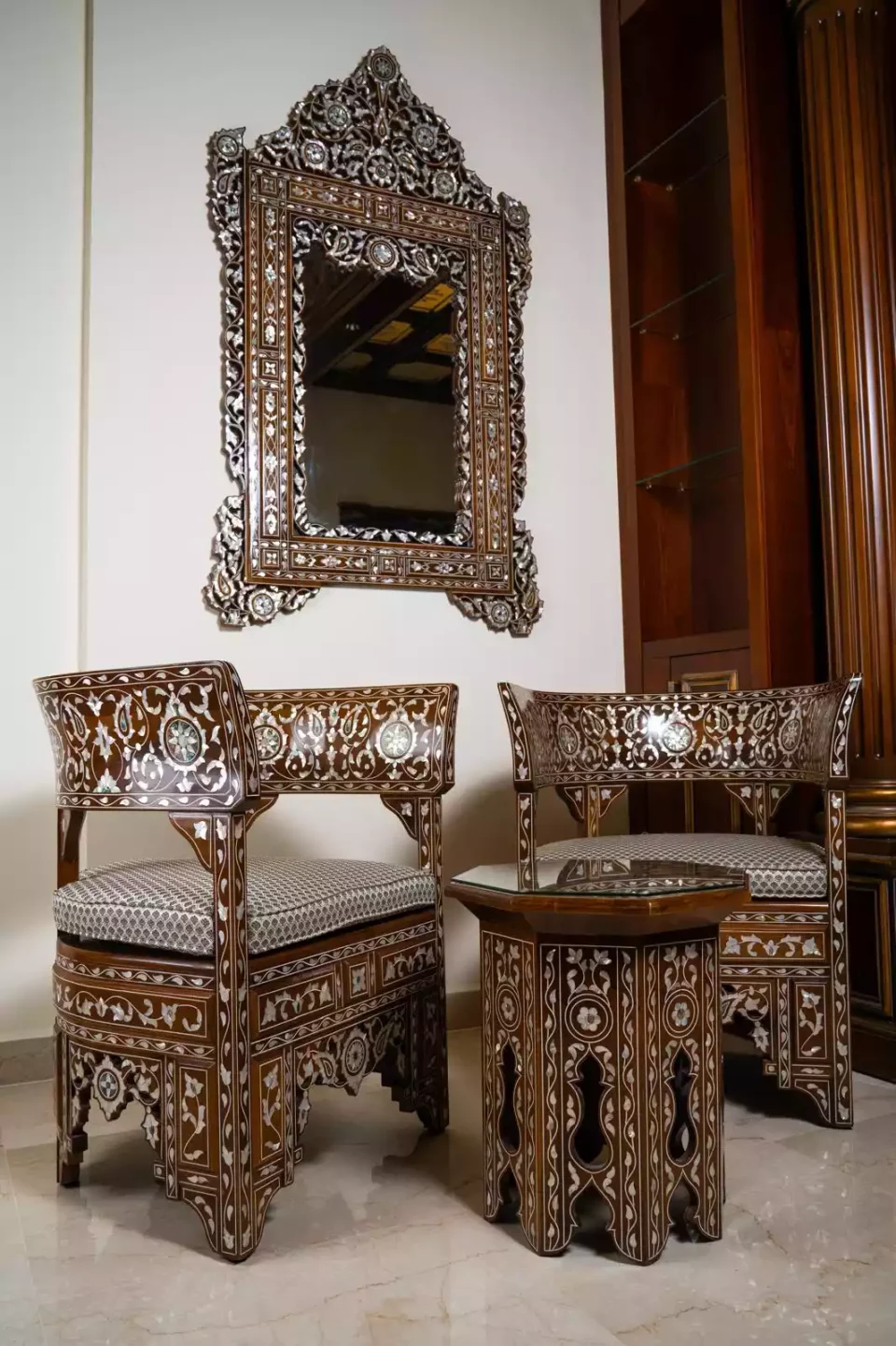 Damascus corner set with two chairs, a table and mirror inlaid with mother-of-pearl