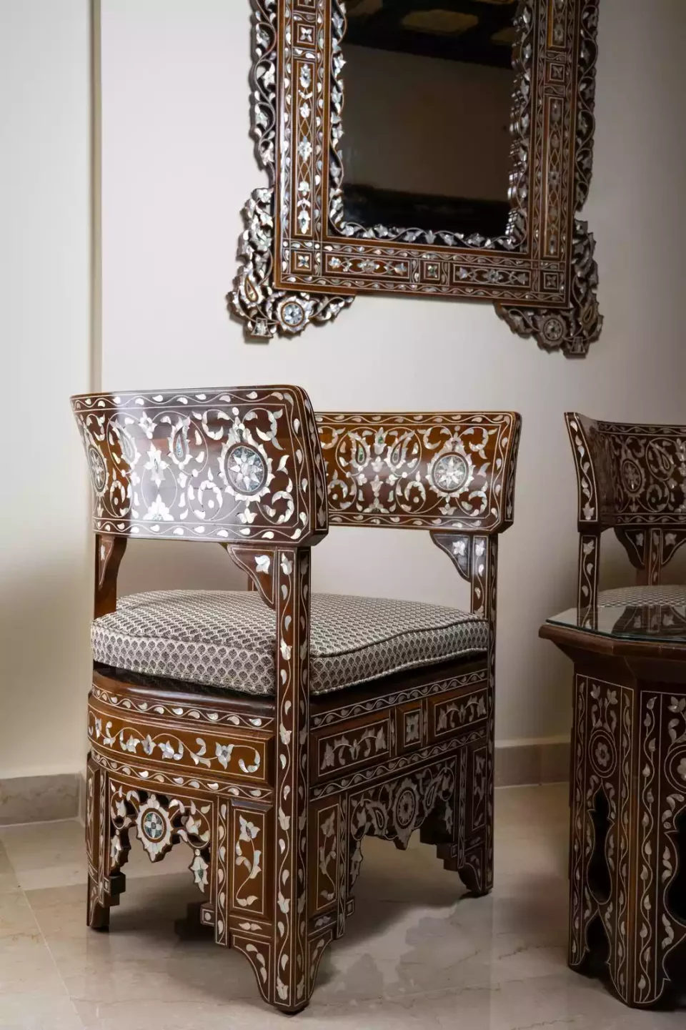 Damascus corner set with two chairs, a table and mirror inlaid with mother-of-pearl