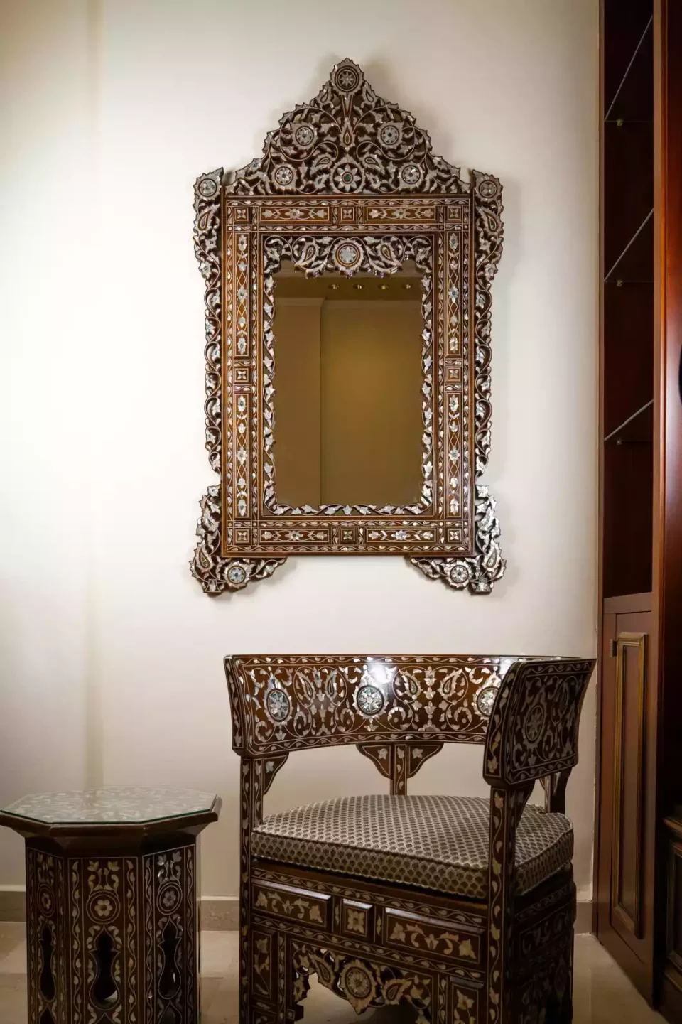 Damascus corner set with two chairs, a table and mirror inlaid with mother-of-pearl
