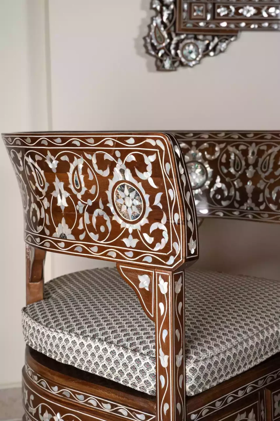 Damascus corner set with two chairs, a table and mirror inlaid with mother-of-pearl