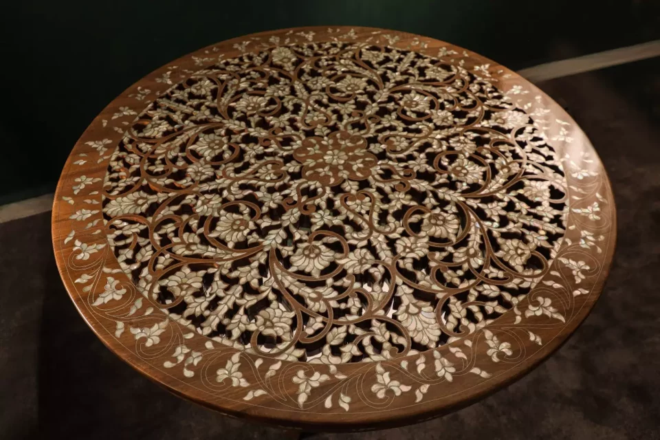 Round table carved and inlaid with mother-of-pearl