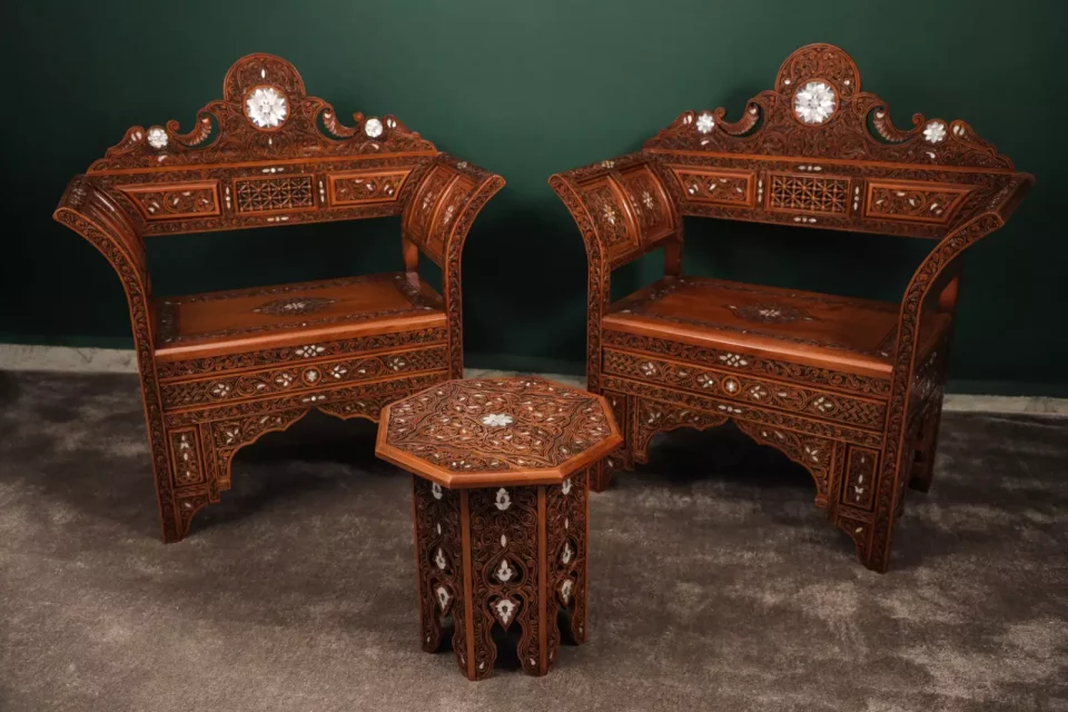 Handmade Set of 3 Chairs with In-Between Table