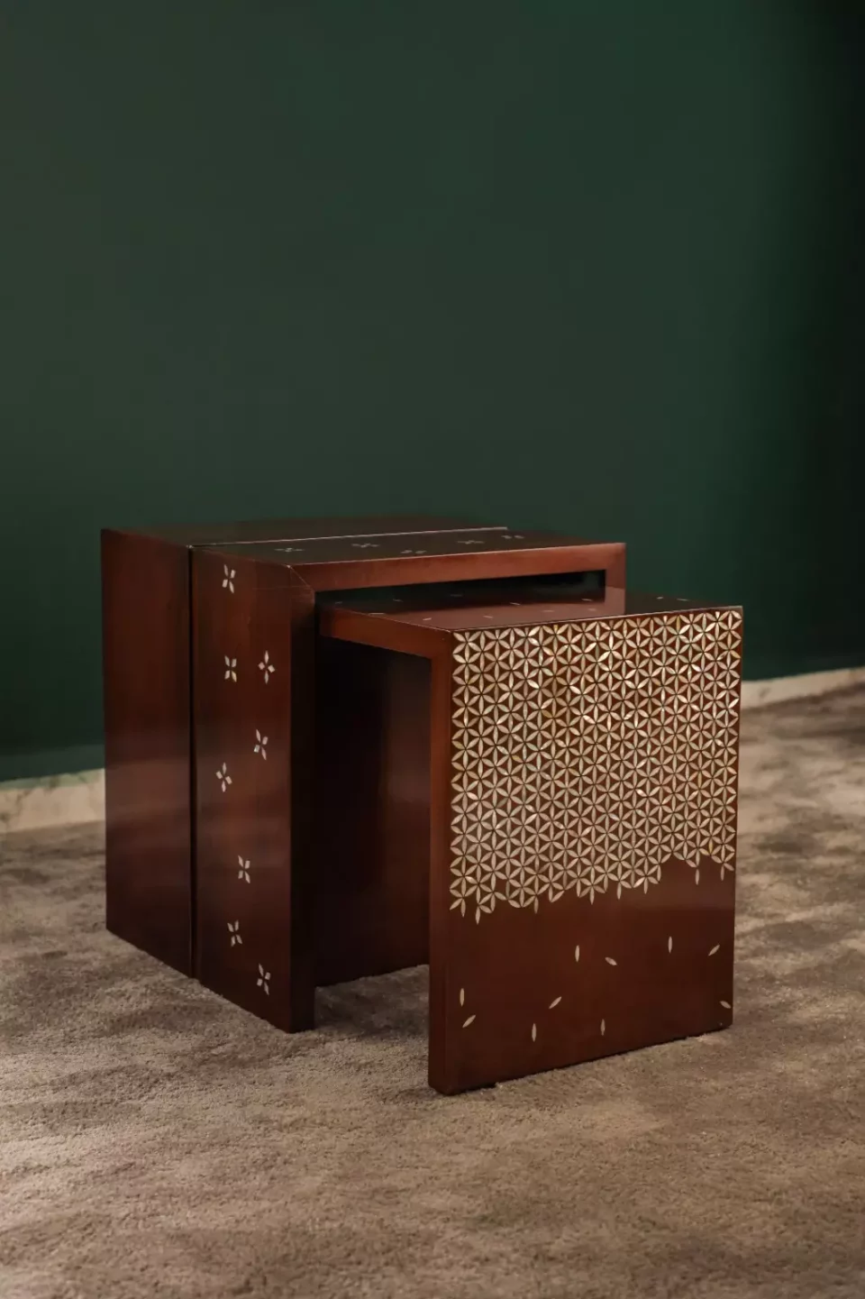 Modern Side Table Set of 2 | Walnut Wood with Mother of Pearl Inlay