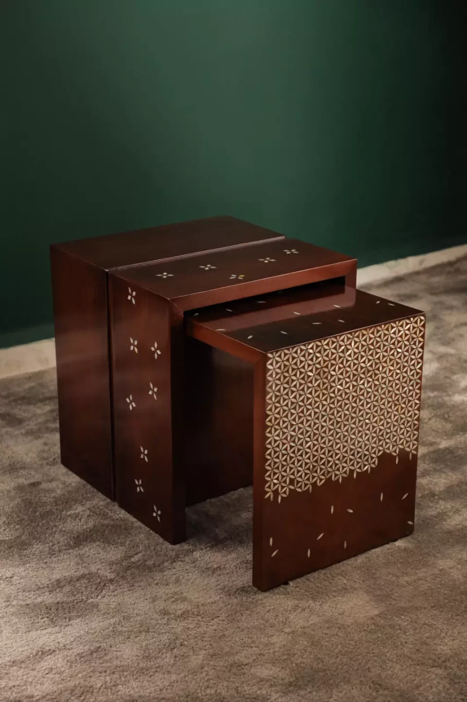 Modern Side Table Set of 2 | Walnut Wood with Mother of Pearl Inlay