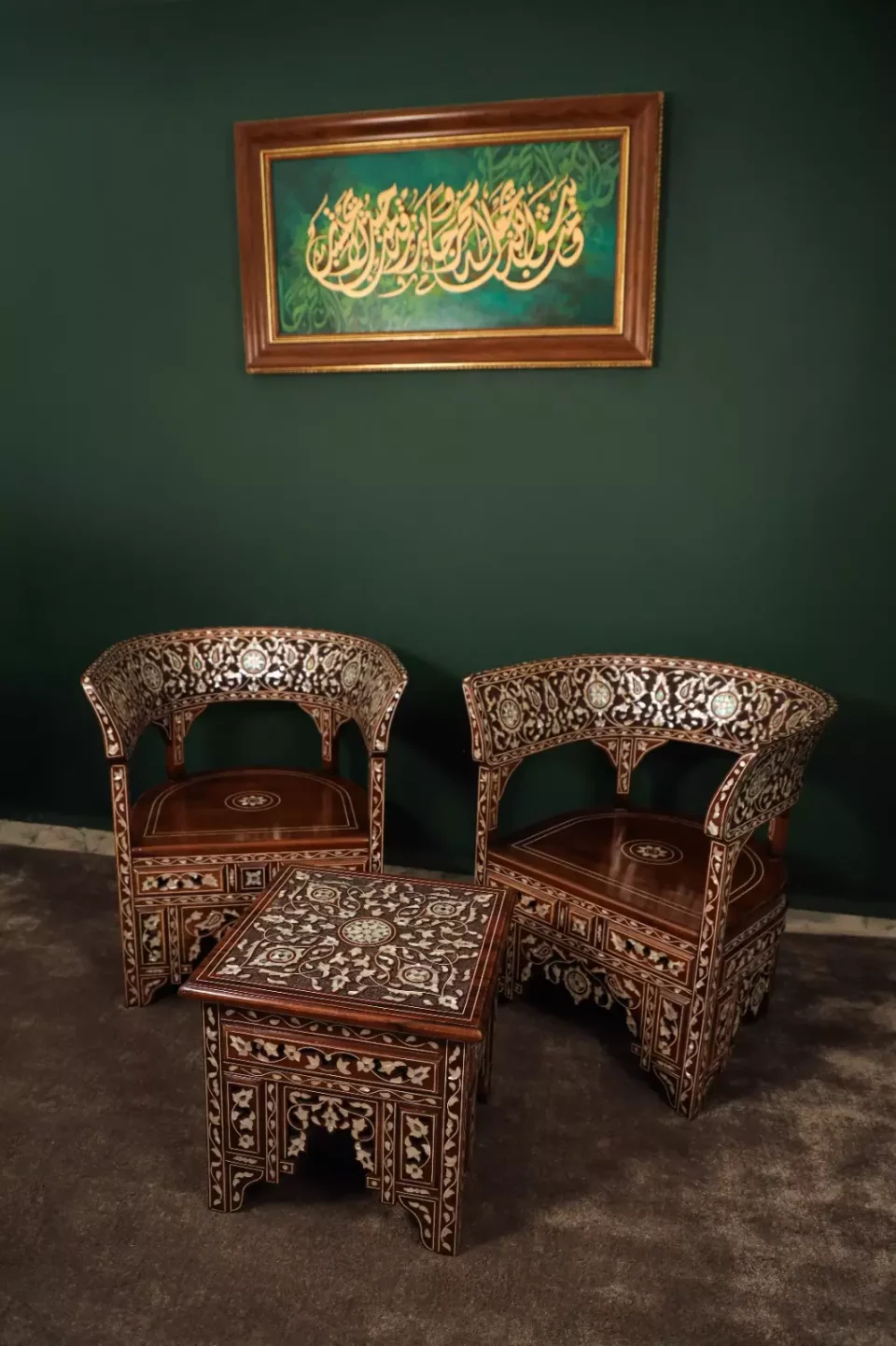 Handmade English Set of 2 Chairs with In-Between Table carved and inlaid with mother-of-pearl