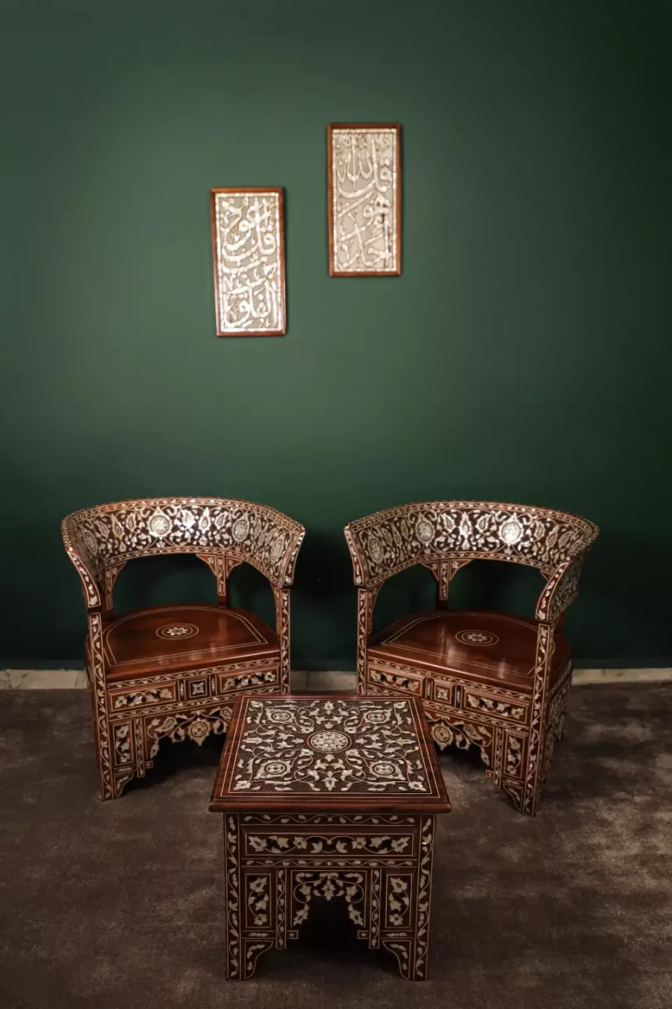Handmade English Set of 2 Chairs with In-Between Table carved and inlaid with mother-of-pearl