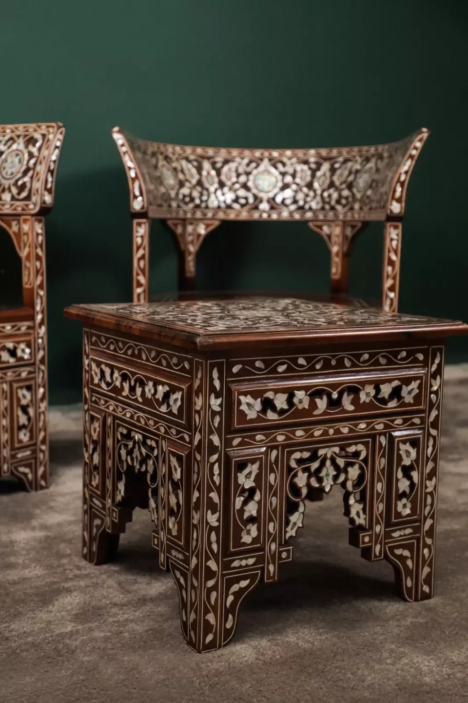 Handmade English Set of 2 Chairs with In-Between Table carved and inlaid with mother-of-pearl