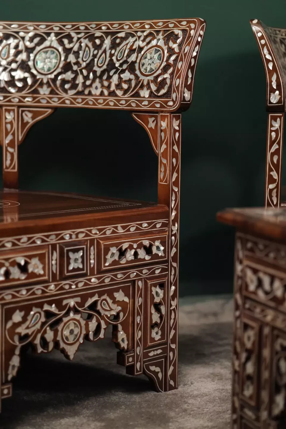 Handmade English Set of 2 Chairs with In-Between Table carved and inlaid with mother-of-pearl