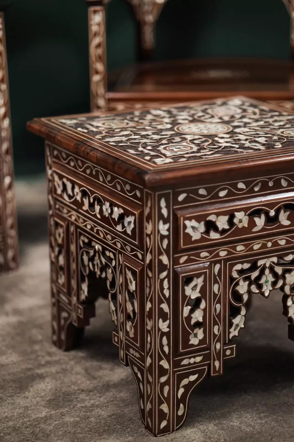 Handmade English Set of 2 Chairs with In-Between Table carved and inlaid with mother-of-pearl