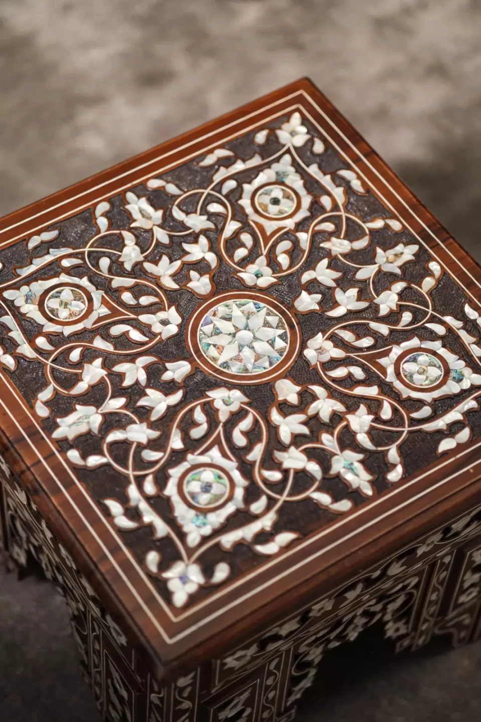 Handmade English Set of 2 Chairs with In-Between Table carved and inlaid with mother-of-pearl