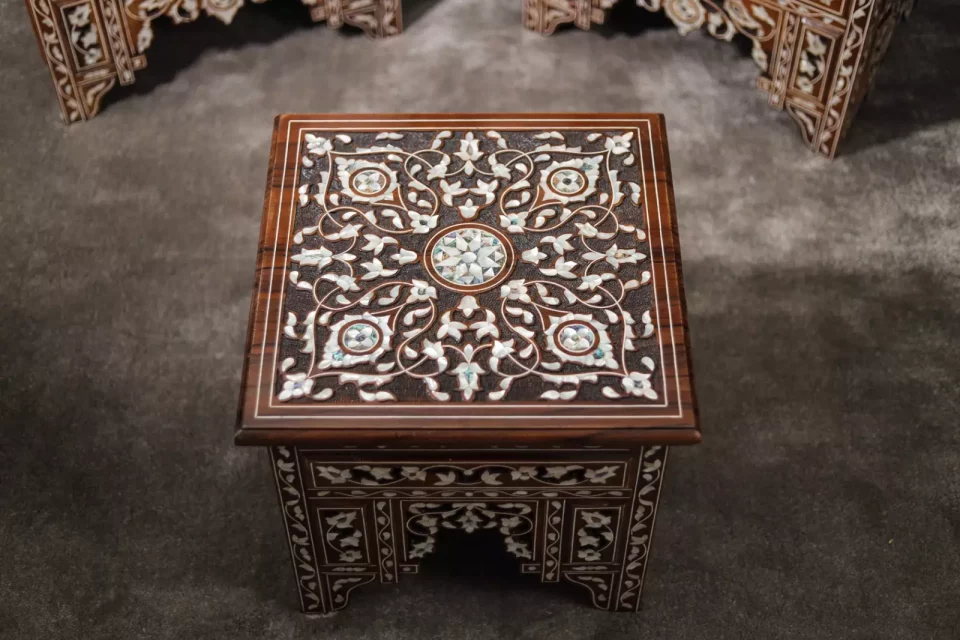 Handmade English Set of 2 Chairs with In-Between Table carved and inlaid with mother-of-pearl