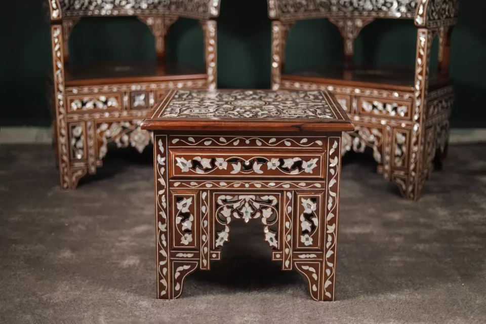 Handmade English Set of 2 Chairs with In-Between Table carved and inlaid with mother-of-pearl