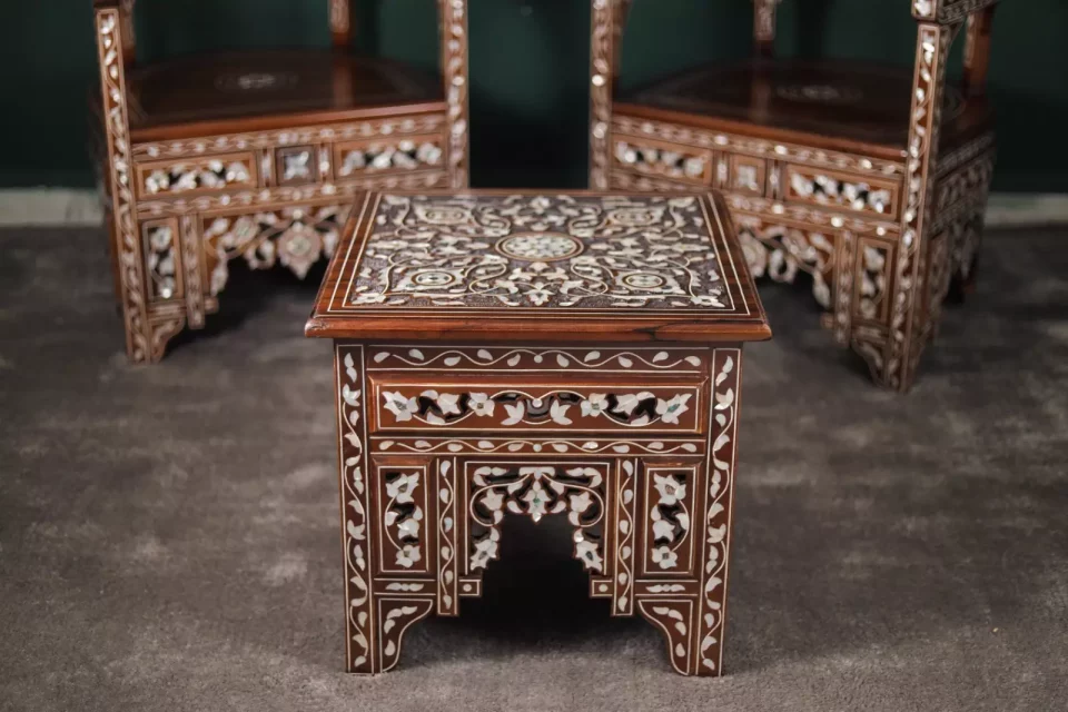 Handmade English Set of 2 Chairs with In-Between Table carved and inlaid with mother-of-pearl