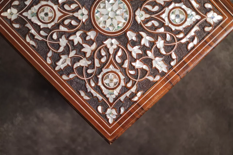 Handmade English Set of 2 Chairs with In-Between Table carved and inlaid with mother-of-pearl