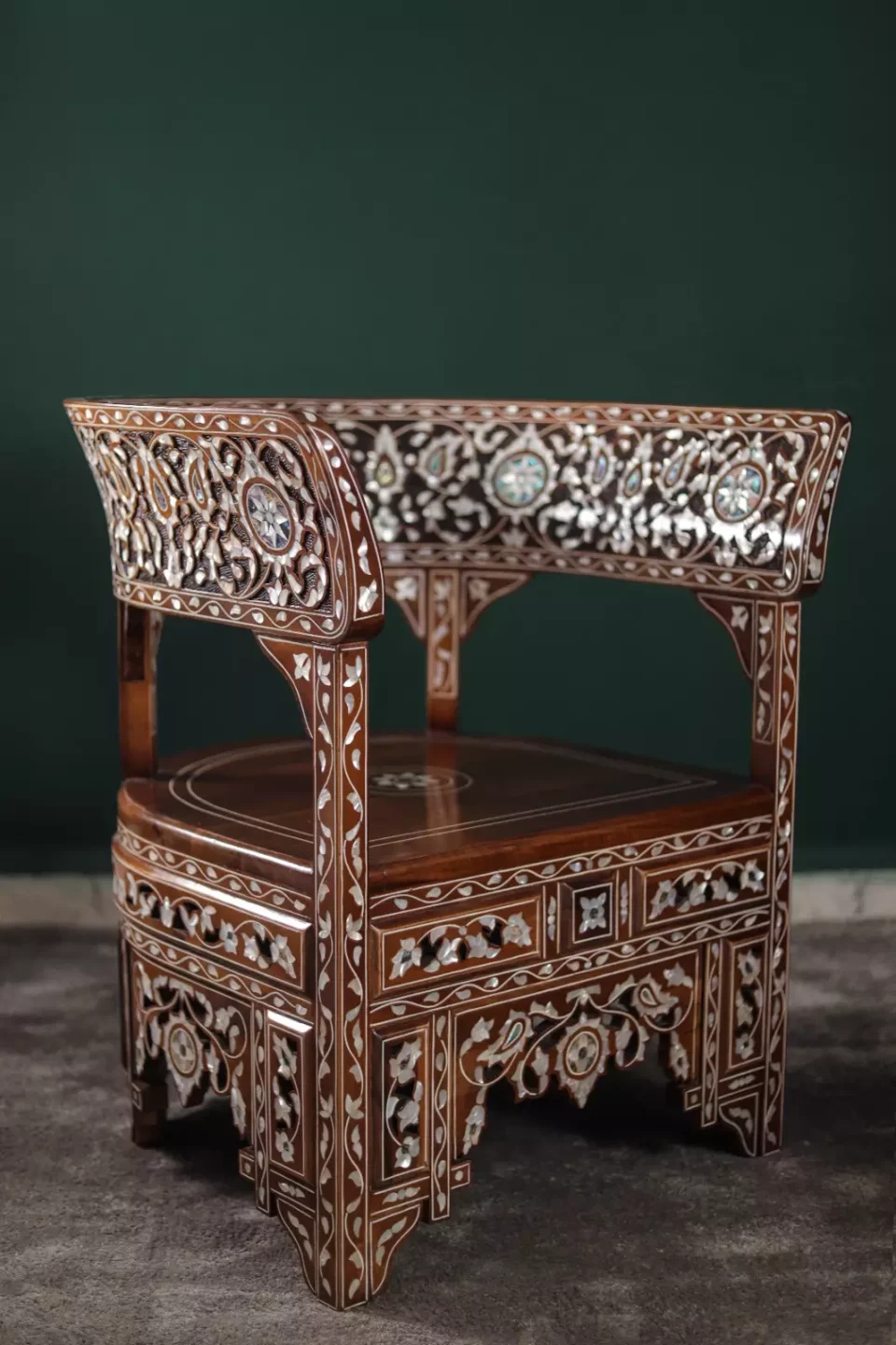 Handmade English Set of 2 Chairs with In-Between Table carved and inlaid with mother-of-pearl