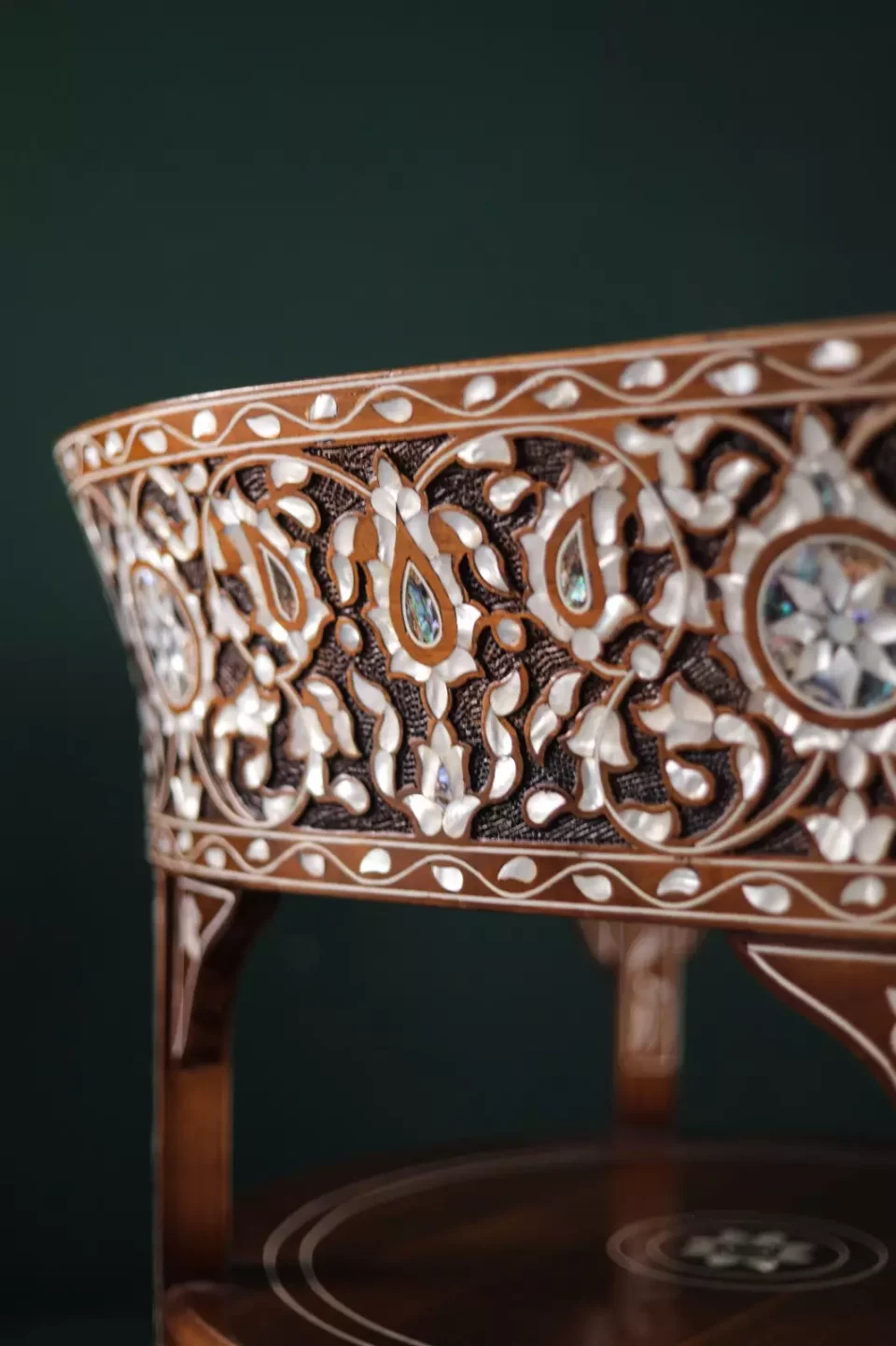 Handmade English Set of 2 Chairs with In-Between Table carved and inlaid with mother-of-pearl