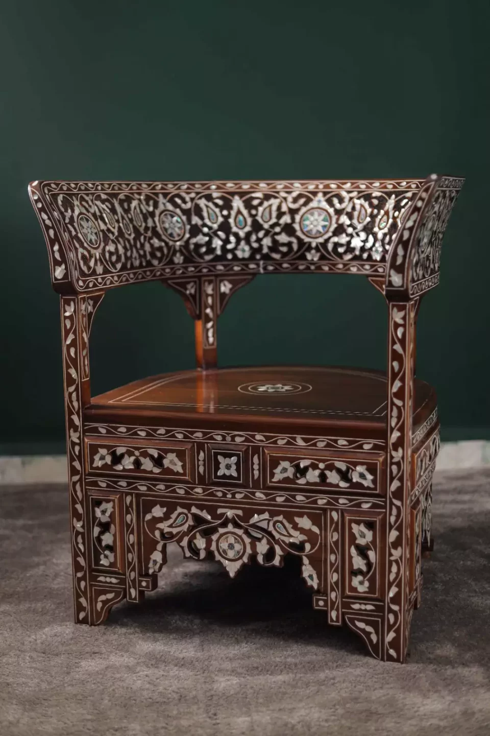 Handmade English Set of 2 Chairs with In-Between Table carved and inlaid with mother-of-pearl