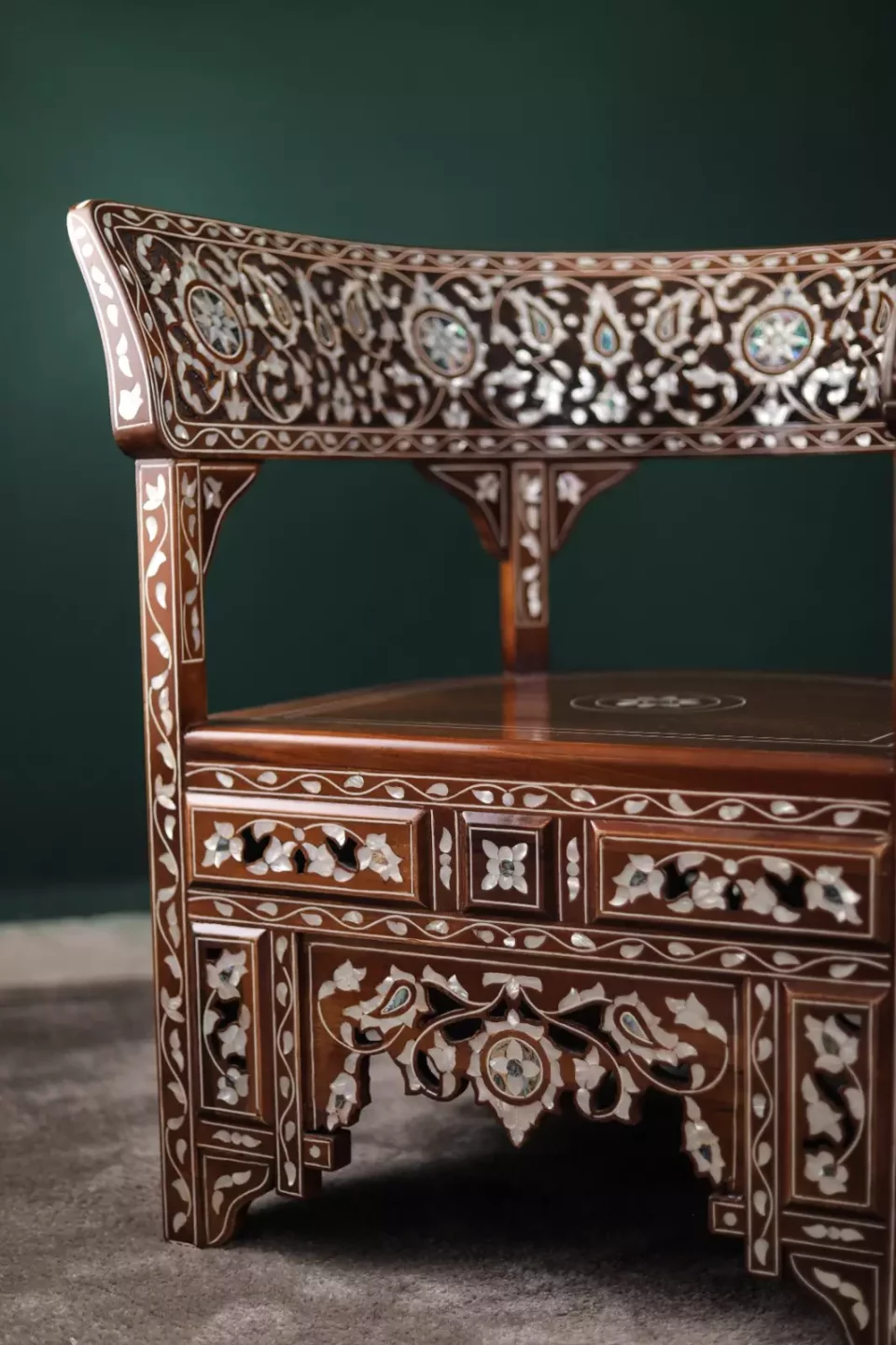 Handmade English Set of 2 Chairs with In-Between Table carved and inlaid with mother-of-pearl