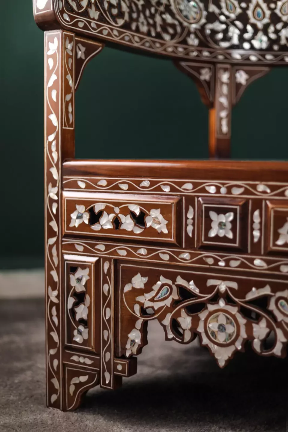 Handmade English Set of 2 Chairs with In-Between Table carved and inlaid with mother-of-pearl