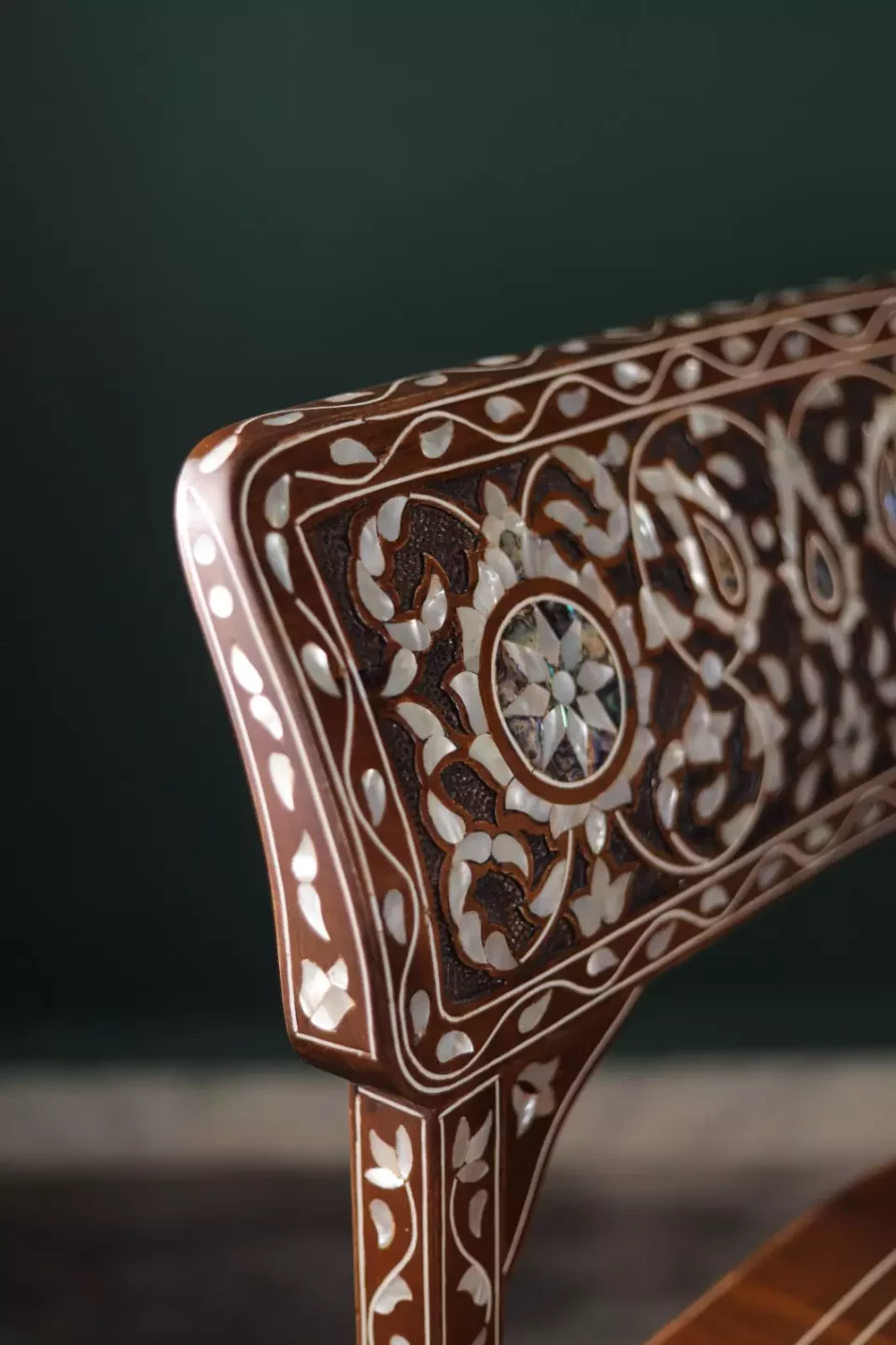 Handmade English Set of 2 Chairs with In-Between Table carved and inlaid with mother-of-pearl