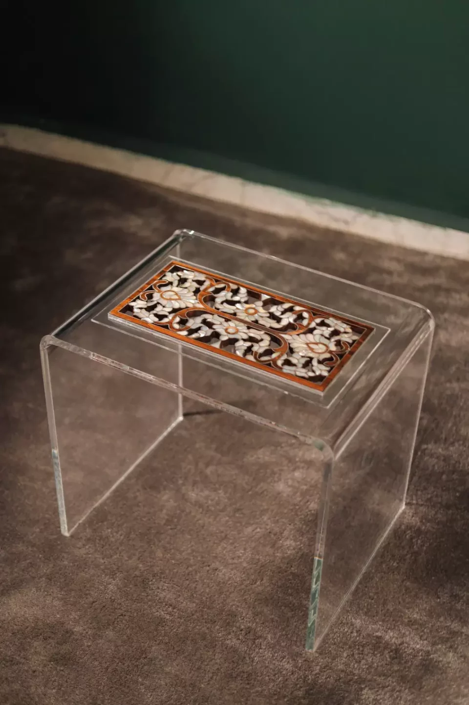 Handmade Acrylic Table with Wooden Surface and Mother of Pearl Inlay