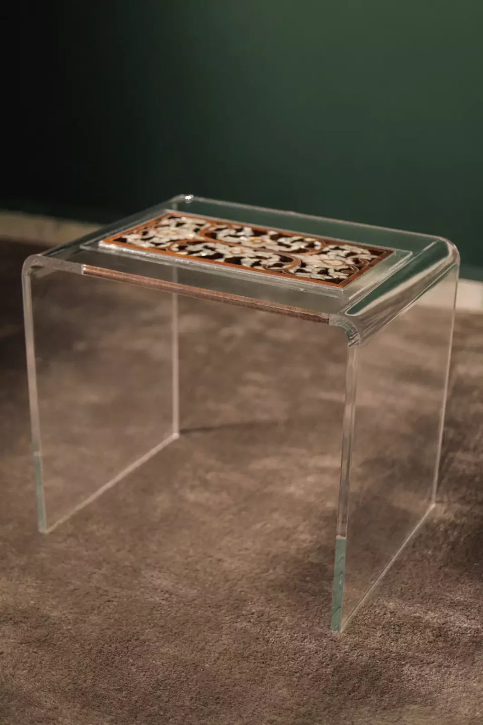 Handmade Acrylic Table with Wooden Surface and Mother of Pearl Inlay