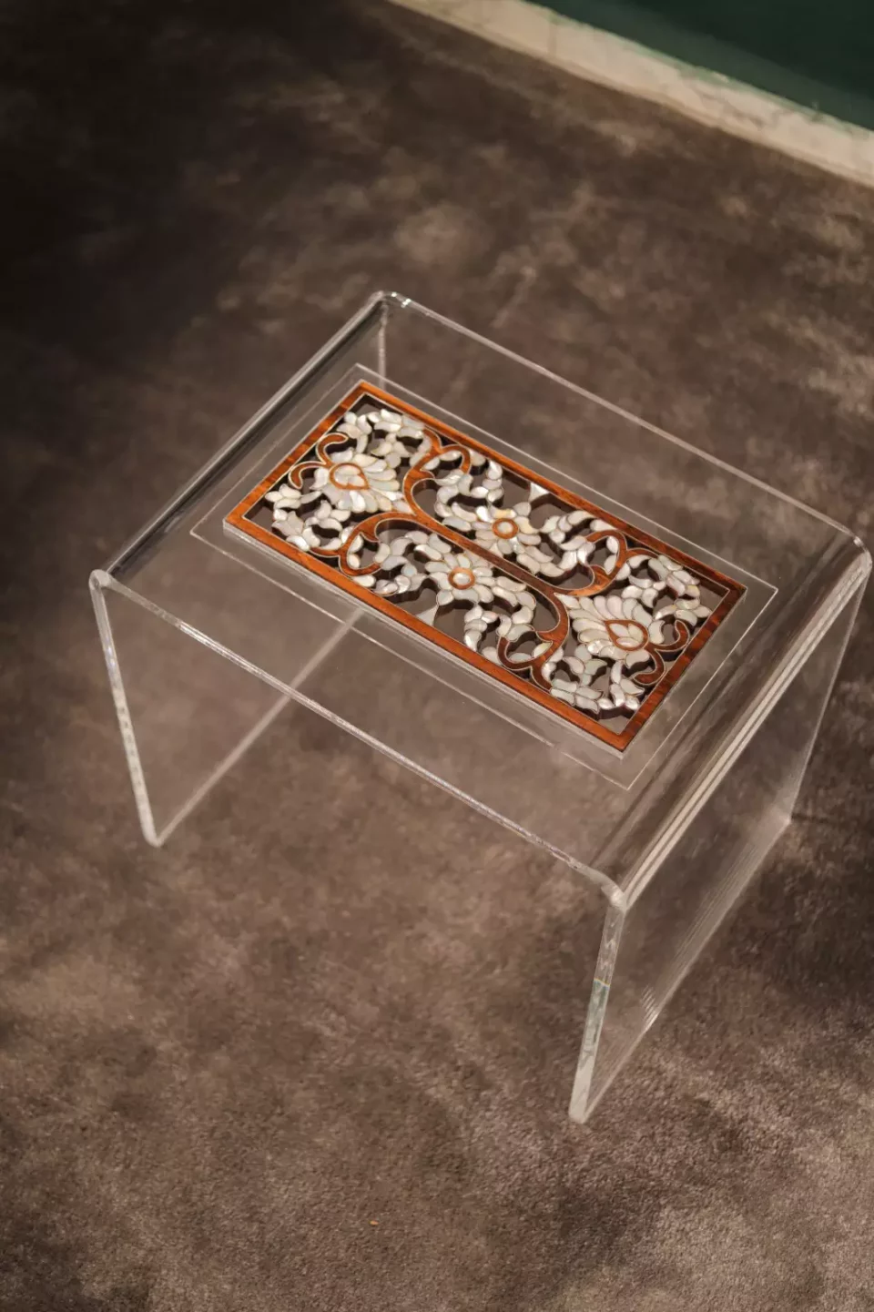 Handmade Acrylic Table with Wooden Surface and Mother of Pearl Inlay