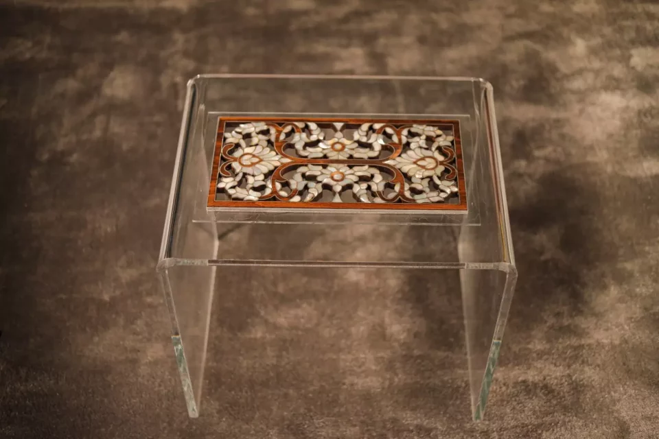 Handmade Acrylic Table with Wooden Surface and Mother of Pearl Inlay