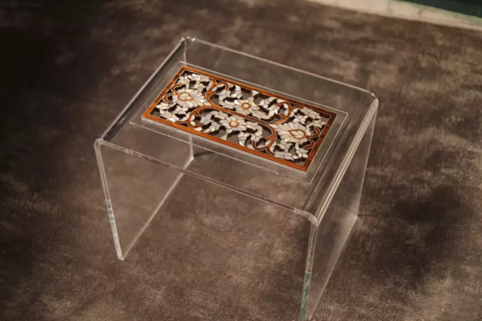 Handmade Acrylic Table with Wooden Surface and Mother of Pearl Inlay
