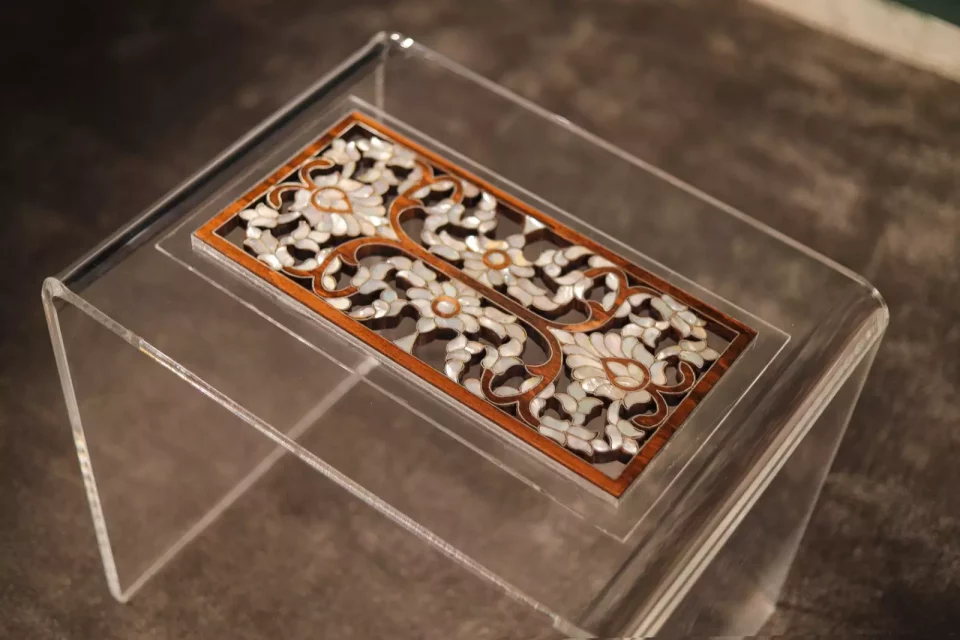 Handmade Acrylic Table with Wooden Surface and Mother of Pearl Inlay