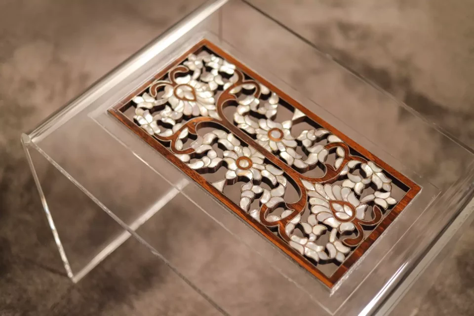 Handmade Acrylic Table with Wooden Surface and Mother of Pearl Inlay