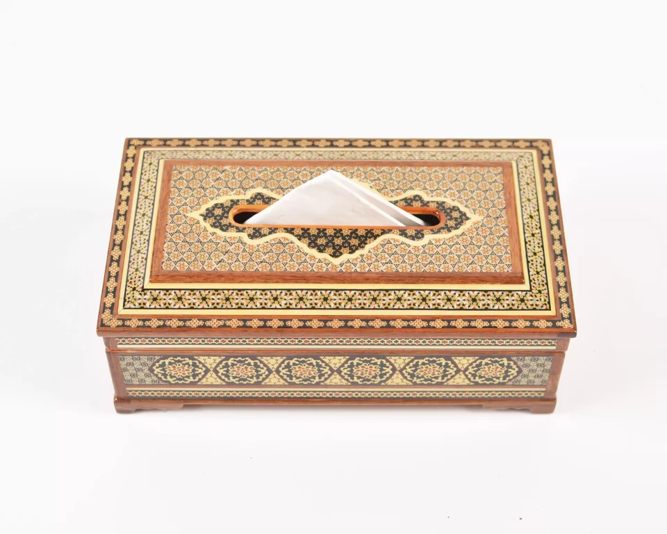 Luxurious wooden tissue box, handmade and inlaid with copper