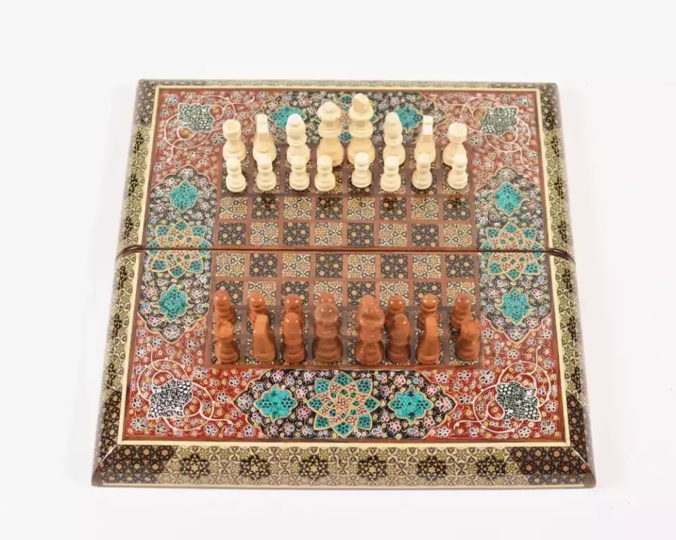 Golden backgammon and Chess / wooden board inlaid with copper / Board games / unique gift