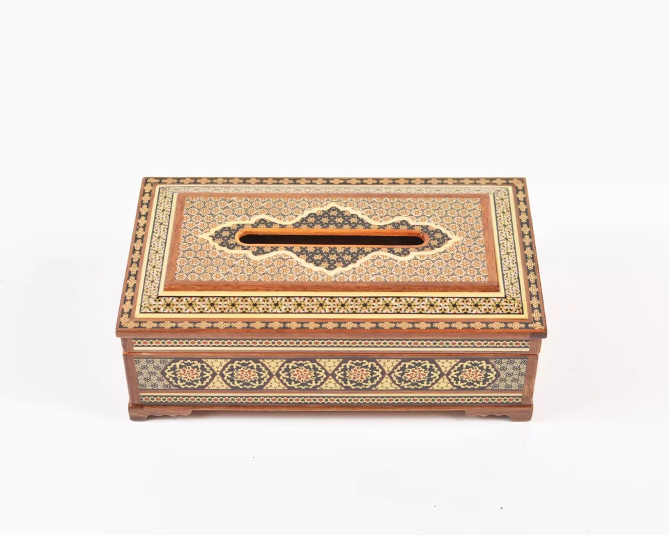 Luxurious wooden tissue box, handmade and inlaid with copper