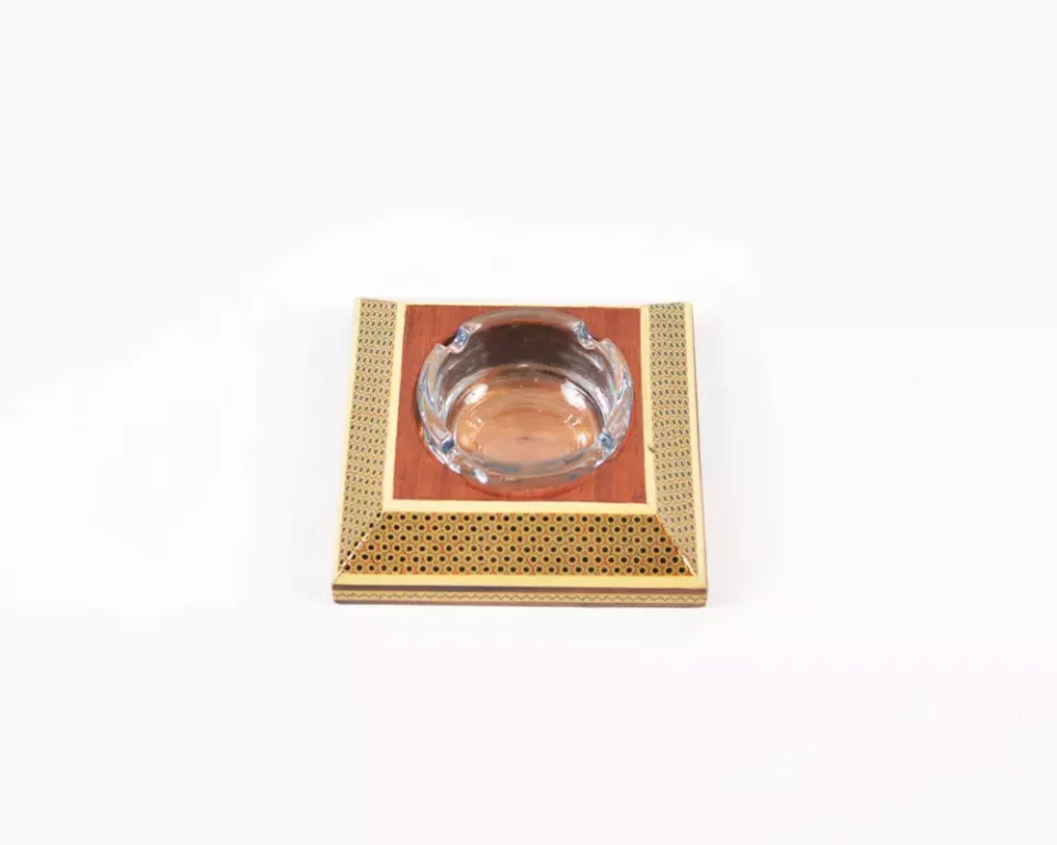 A distinctive and luxurious desk set, handcrafted from lemon wood and inlaid with copper