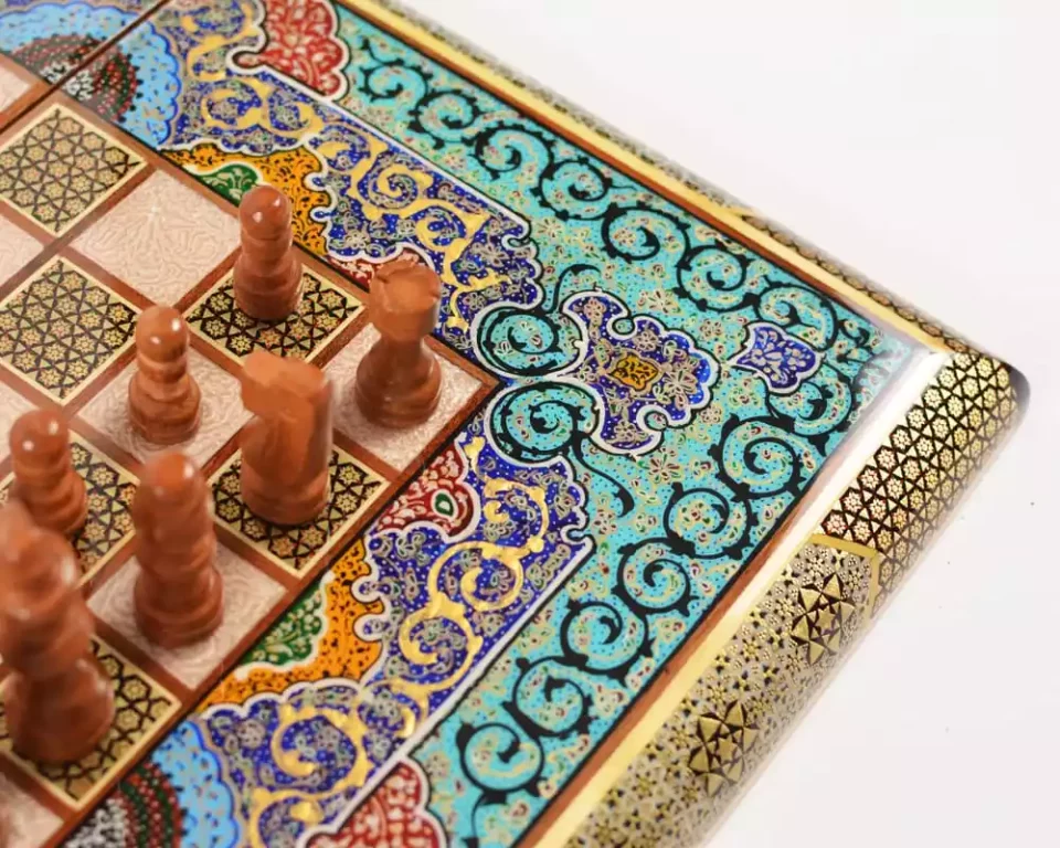 Golden backgammon and Chess / wooden board inlaid with copper / Board games / special gift