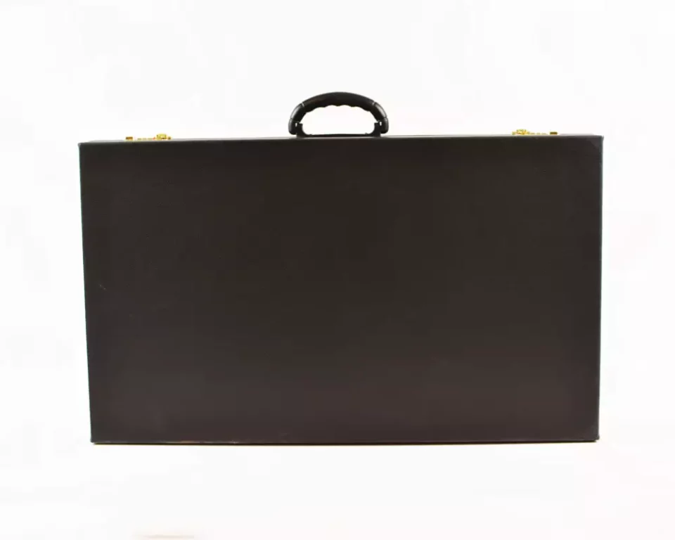 A distinctive and luxurious desk set, handcrafted from lemon wood and inlaid with copper